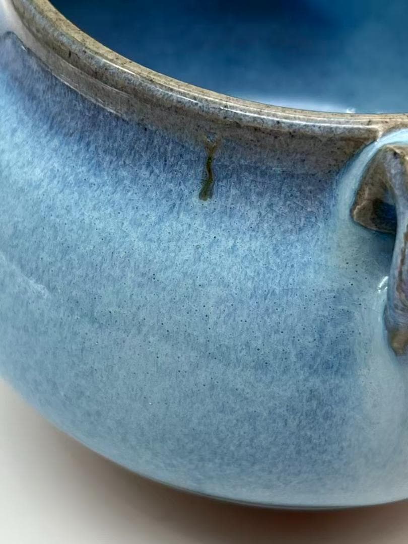 明时代 鈞窯青磁 澱青月白釉紫斑 双糸耳香炉 水丞 【旧家蔵出し】(A-106)