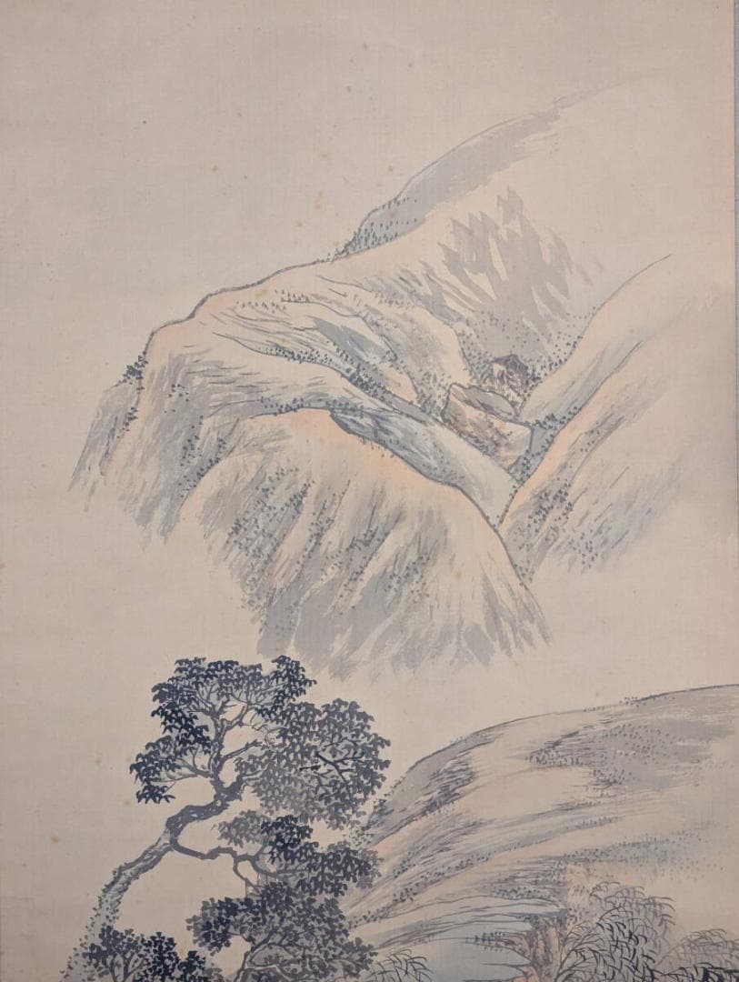 【真作】掛軸　川端玉章　柳蔭漁楽図　日本画 帝室技芸員　二重箱入　U29