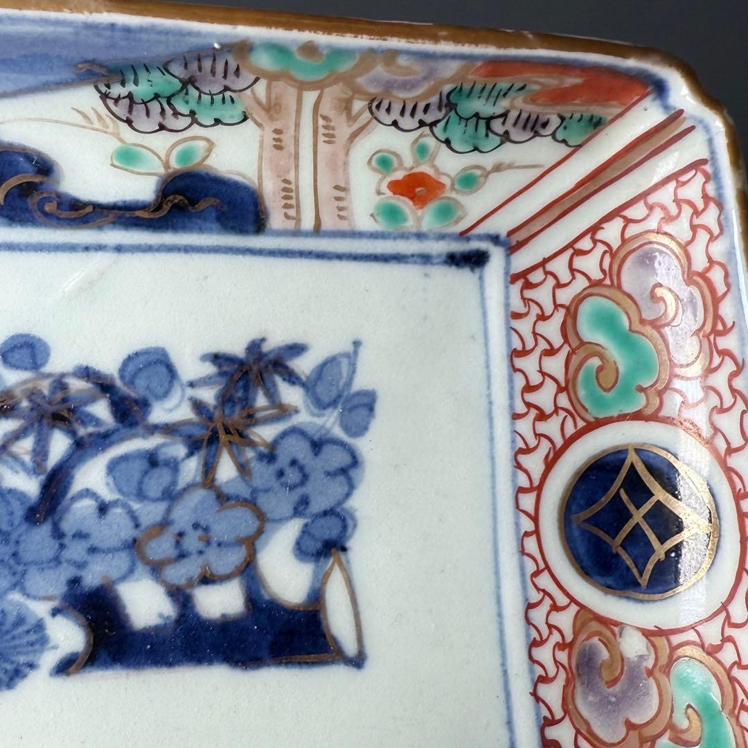 古伊万里　色絵松竹梅文様七寸長皿　冨貴長春　江戸時代　古陶を楽しむ　裏文様有