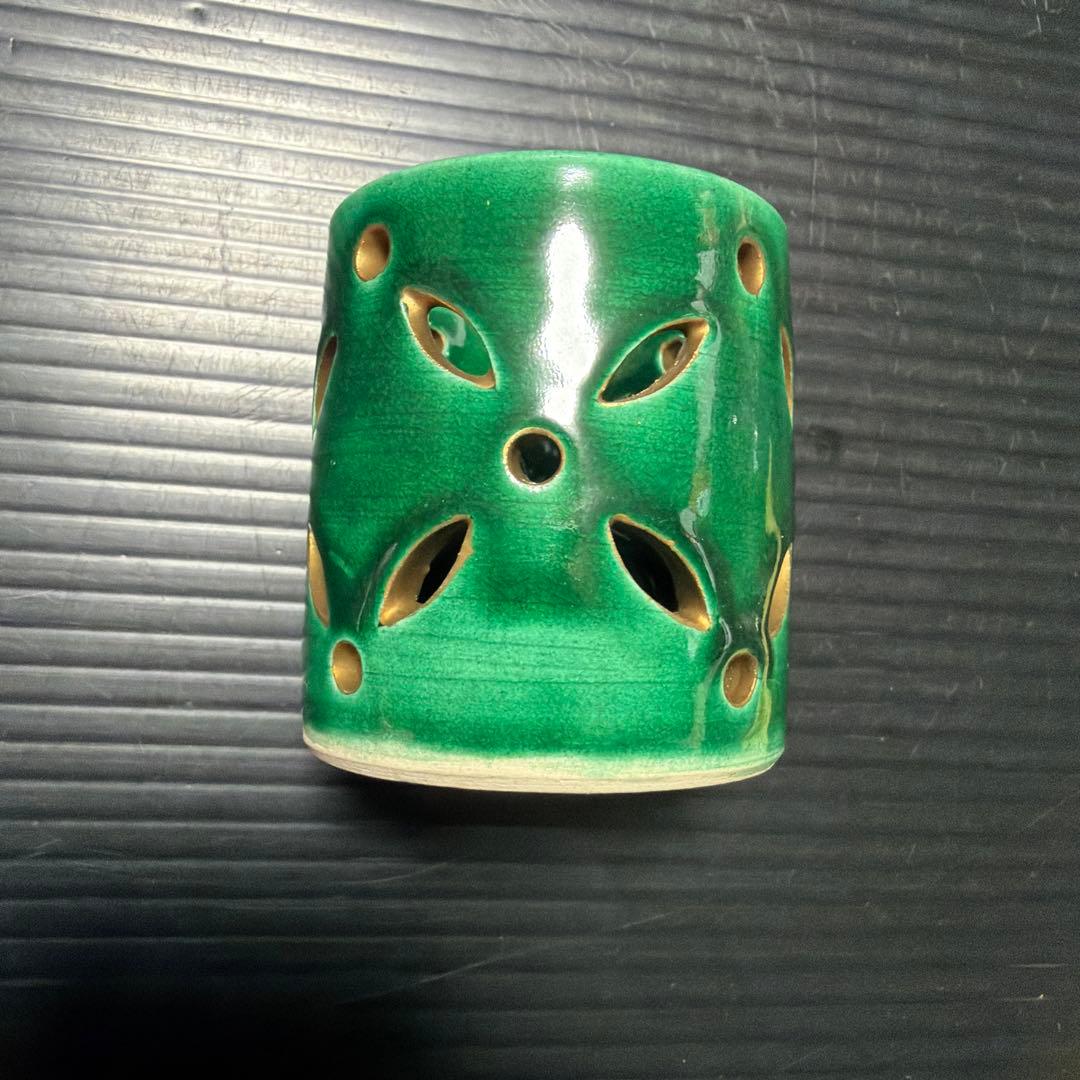 萬古焼 加賀瑞山造 青釉七宝透蓋置 茶道具 透かし彫り緑色陶器セット