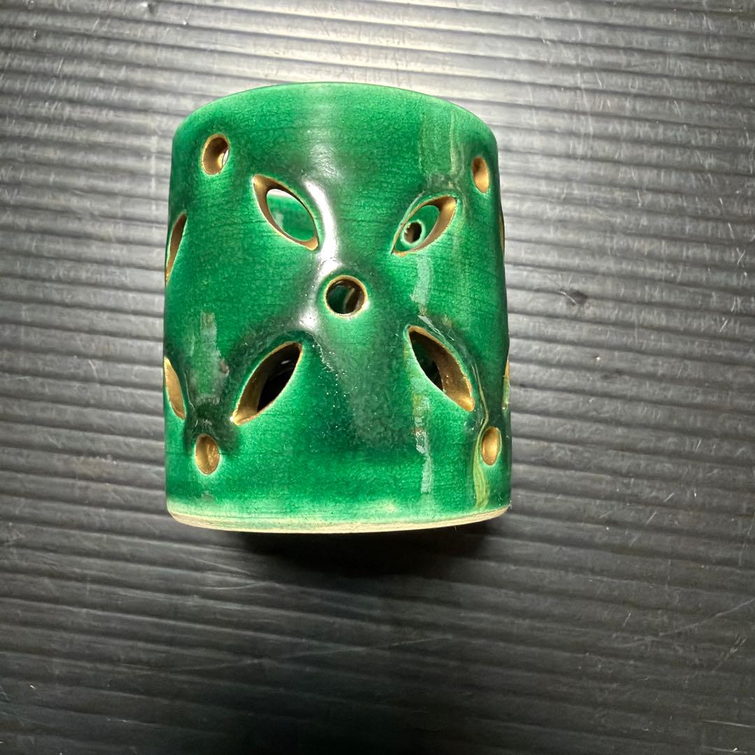 萬古焼 加賀瑞山造 青釉七宝透蓋置 茶道具 透かし彫り緑色陶器セット