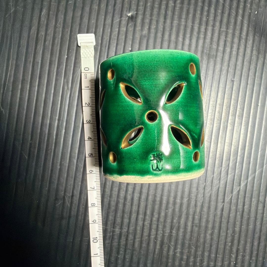 萬古焼 加賀瑞山造 青釉七宝透蓋置 茶道具 透かし彫り緑色陶器セット