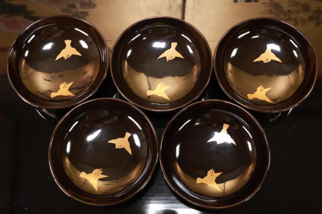 Akiko　輪島塗　図替わり　草花蒔絵　吸物椀　五客　木製　BJ118