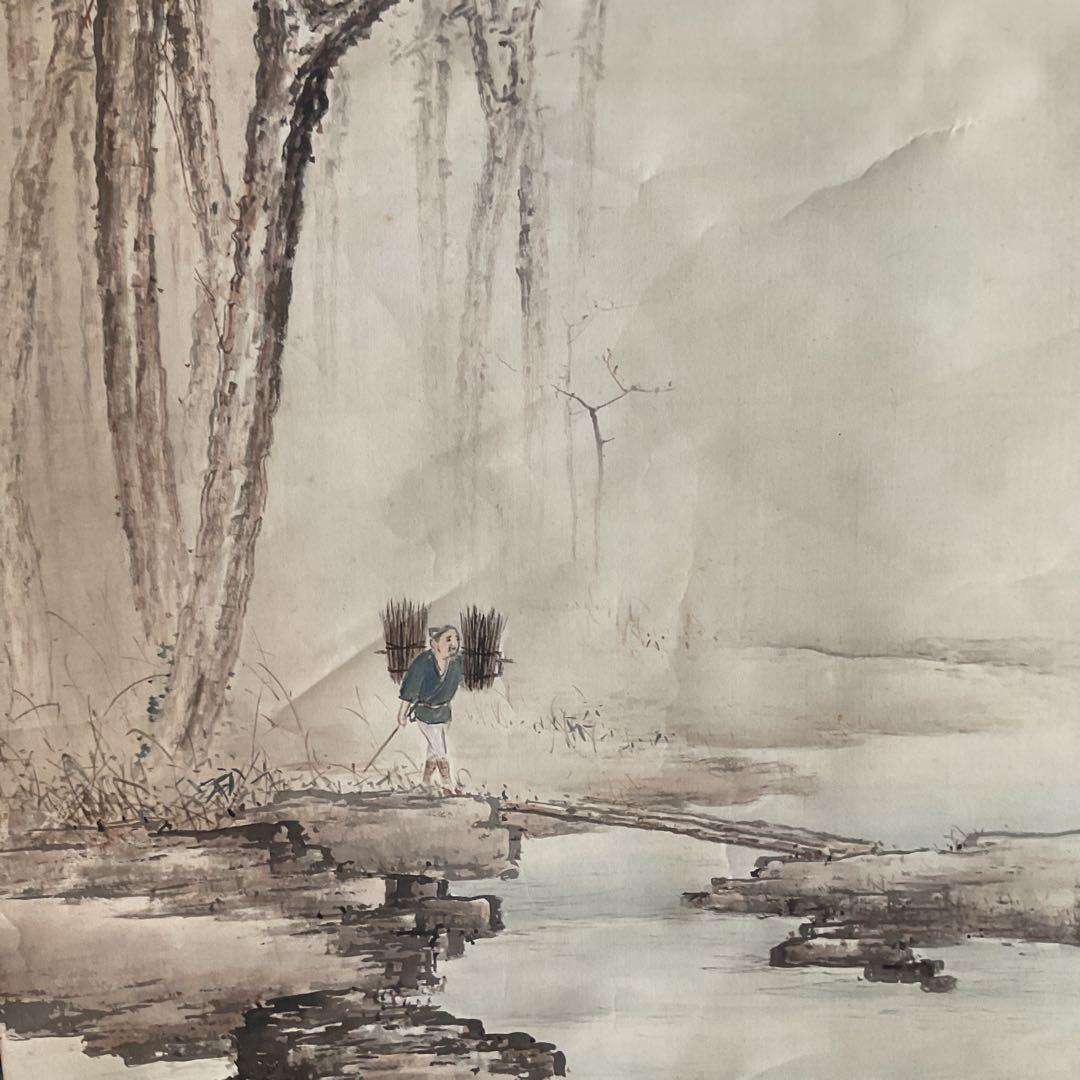 風景画 絹本 作者 題目不詳 軸先漆木細工軸