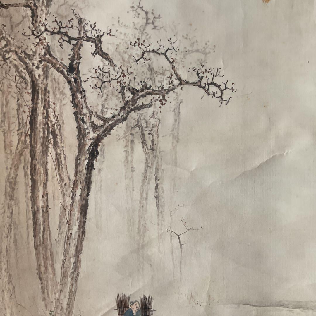 風景画 絹本 作者 題目不詳 軸先漆木細工軸