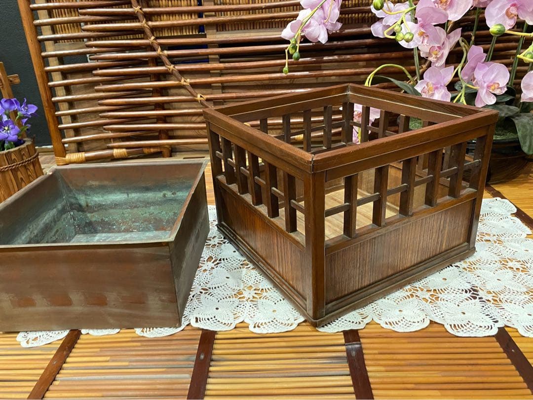 1080＊時代物 銅炉 唐木格子角火鉢 火道具 昭和レトロ 当時物 年代物