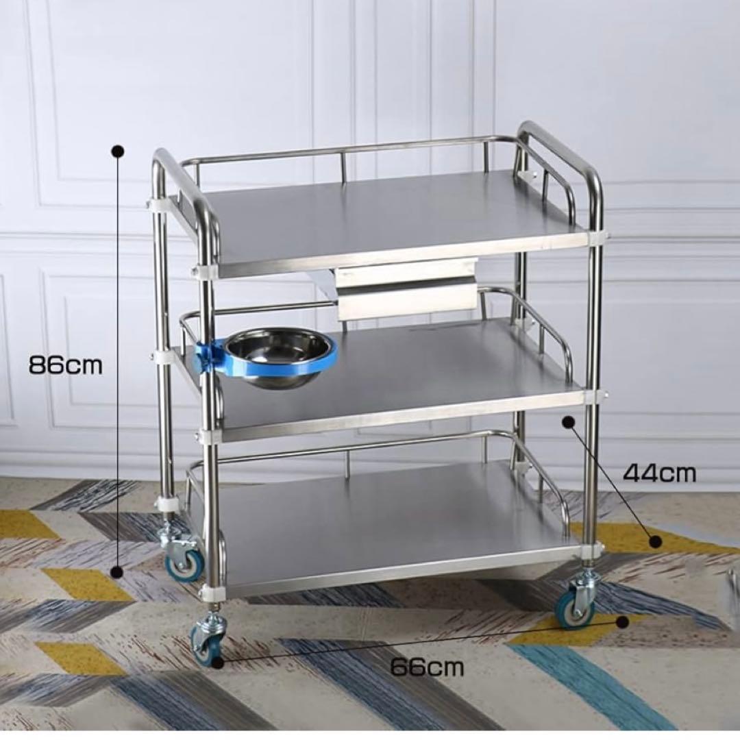 医療用ワゴン　キャスター付き 3段 耐荷重100KG 360°回転ステンレス