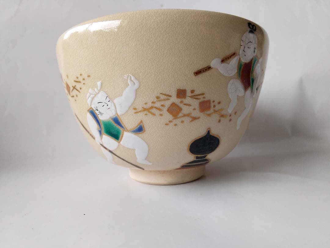 京焼 通次阿山 作 抹茶碗 『 仁清写 五条大橋 』共箱 茶碗 茶道具 美品