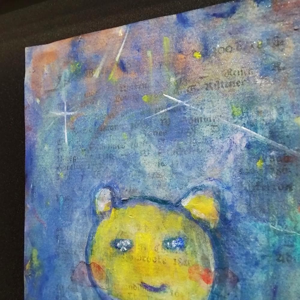 内野隆文　夜のくま　絵画　アンティークペーパー　アクリル画　現代美術　額付　真作