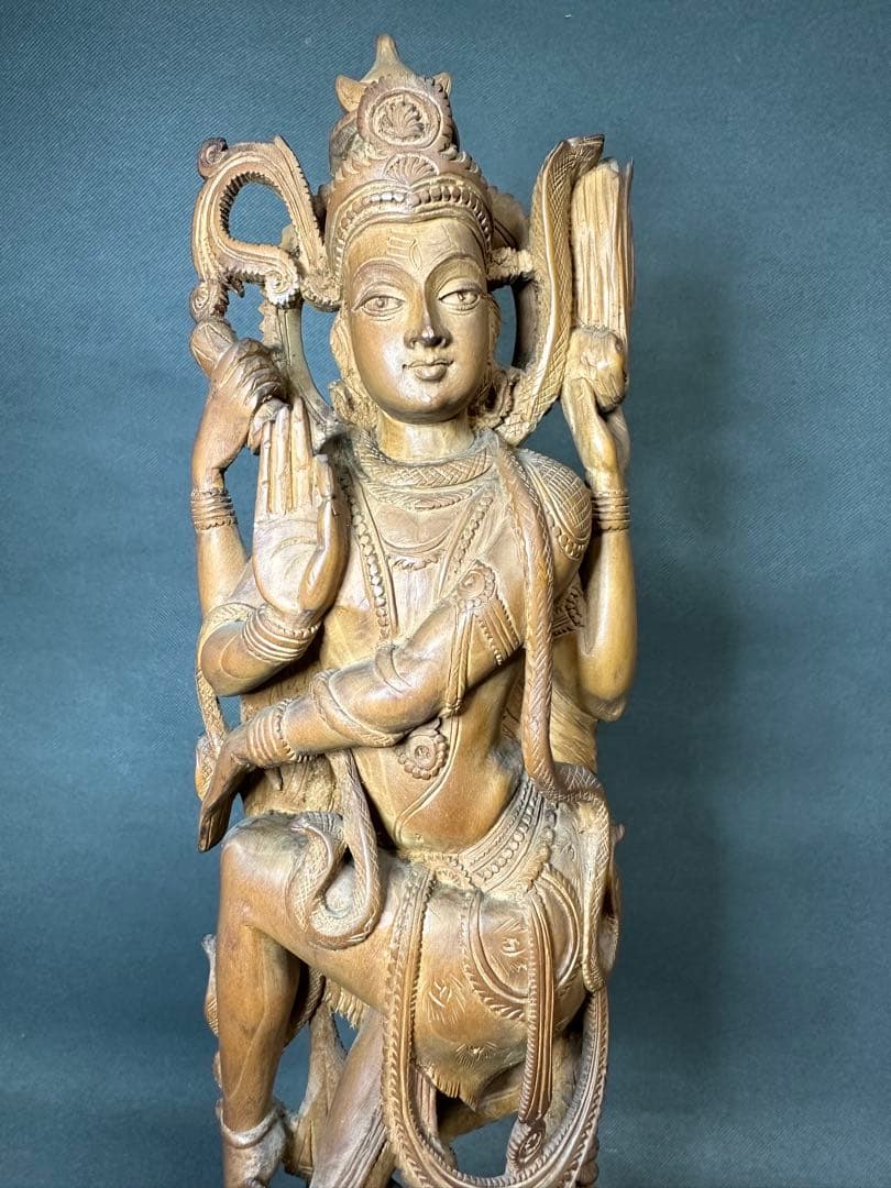 インド　白檀　木彫り　弁財天　仏教美術　仏像 骨董 木像　木製　仏教　置物