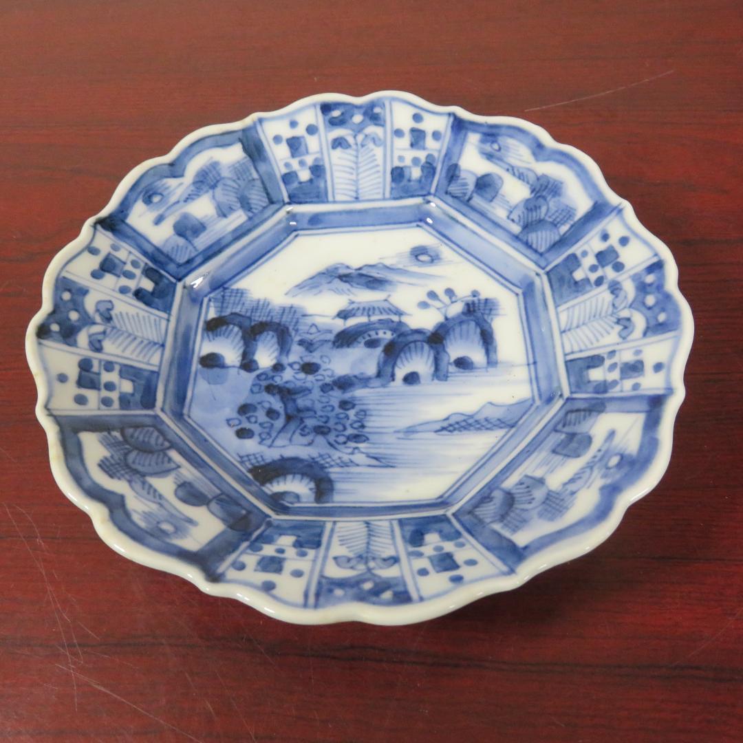 皿 4枚 染付 山水文様 幾何学 唐草 八角皿 変わり縁