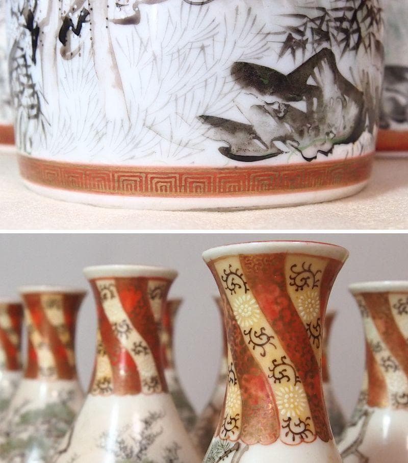 【骨董・良品】明治期 九谷焼 於九谷/久香堂 大徳利 10客 山水鶴松図 酒器