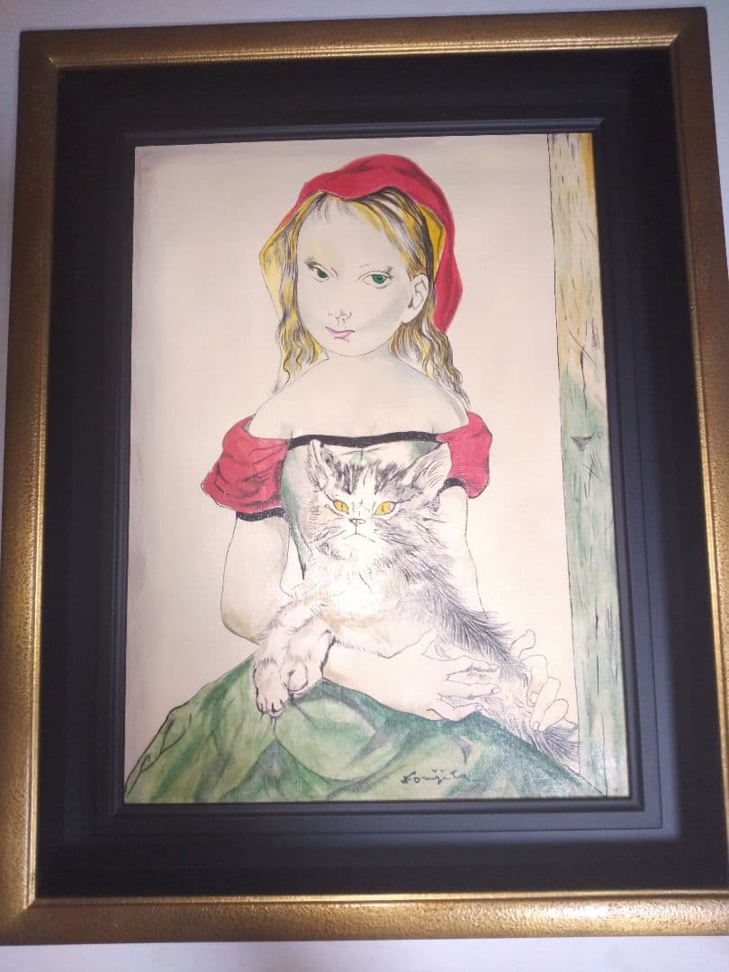 藤田嗣治、絵画、油彩４号、猫を抱く少女、肉筆、新品額縁、鴨居玲、宮永岳彦。
