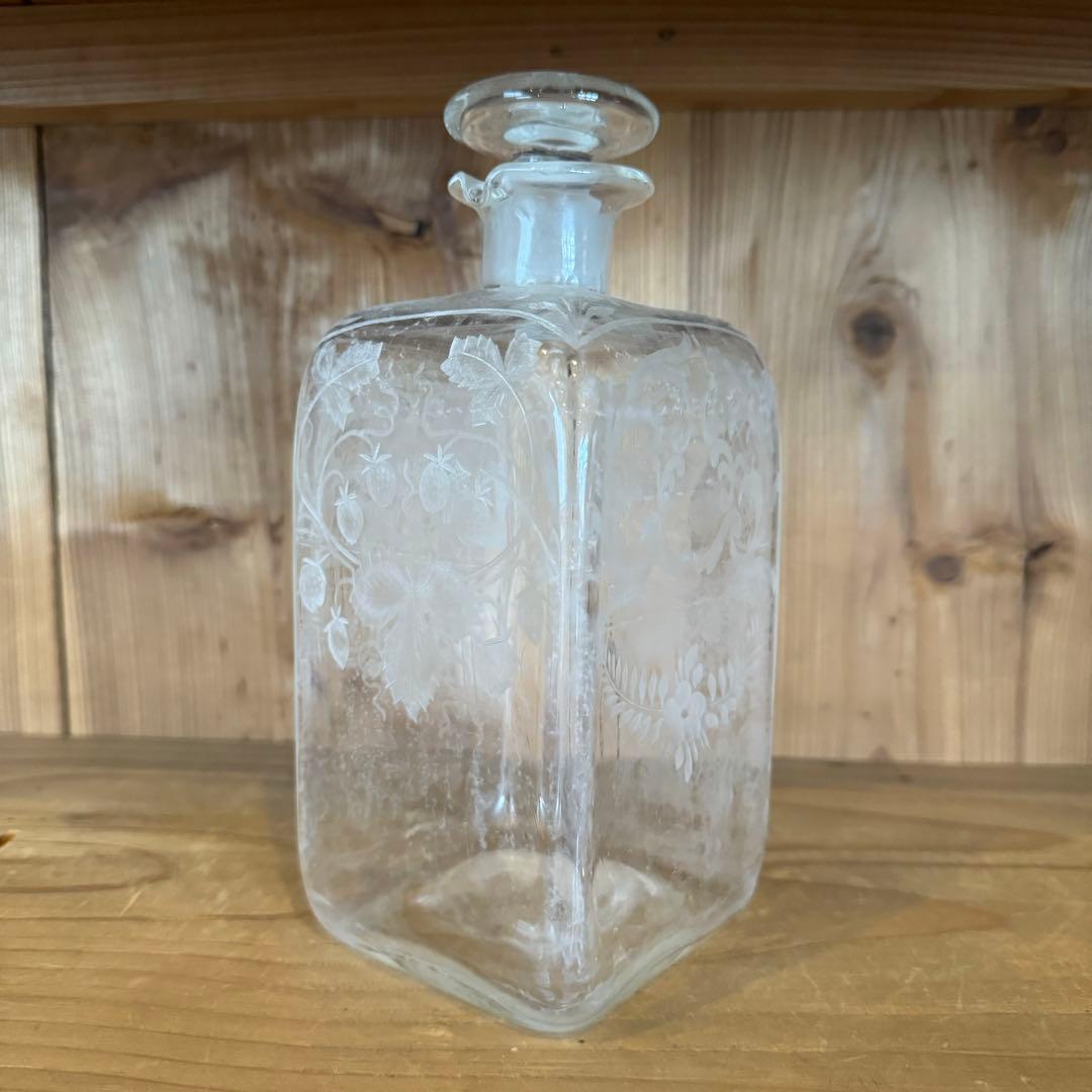 19世紀 フランス ガラス角瓶 硝子 グラビュール 民芸 アンティーク 古道具