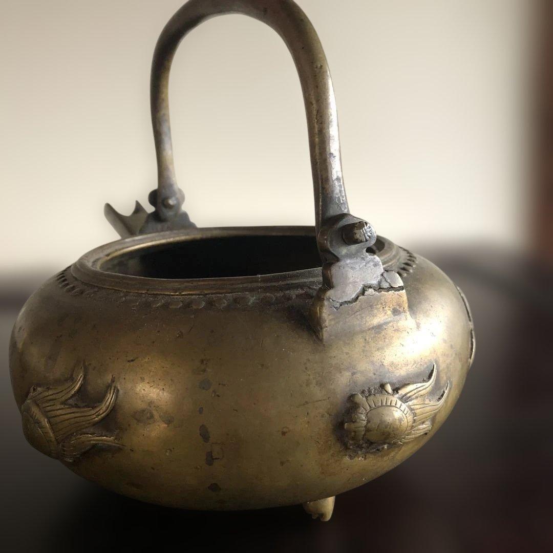 中国古玩 大明宣徳年製 蓋なし底抜け 古銅 急須 581g