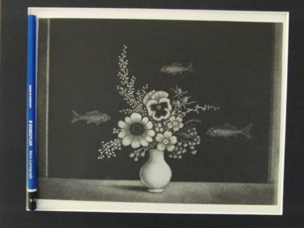 長谷川 潔、巨匠、アカリョムと花/マニエルノワールレゾネ、額装