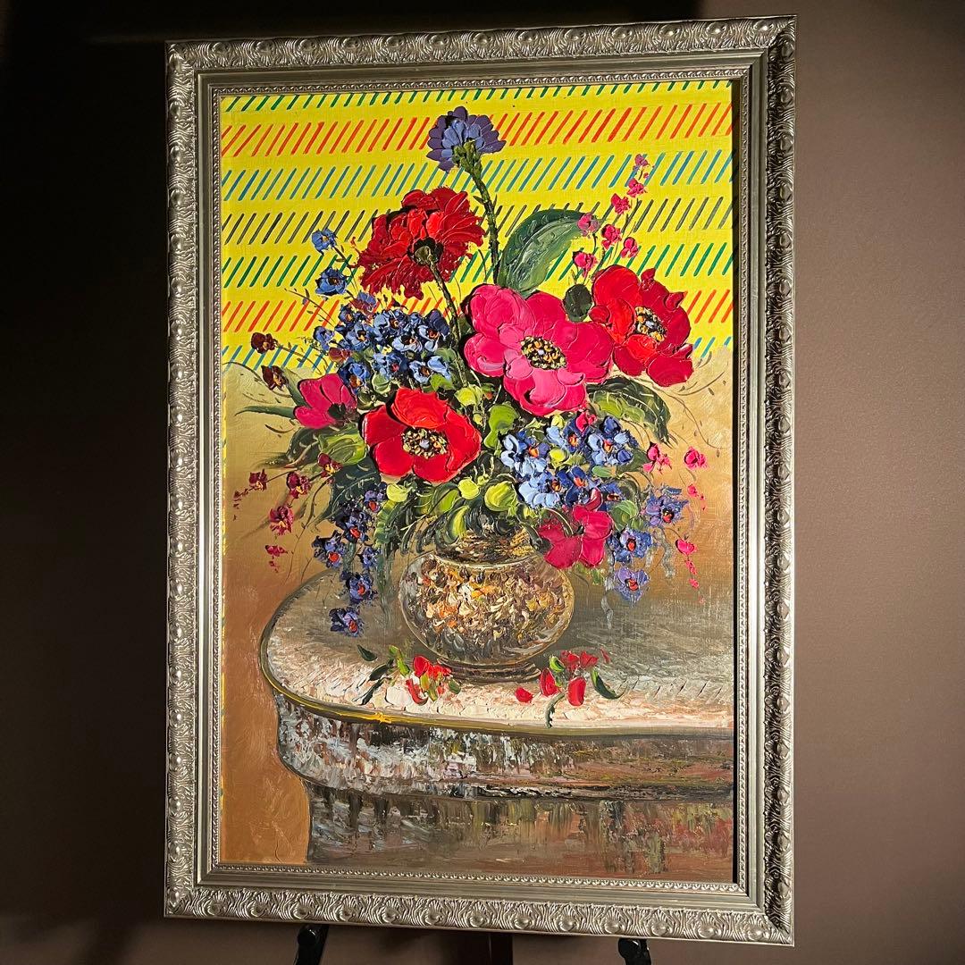 ★特大秀作★ 手書き油絵 花瓶の花 額付き 絵画 インテリア油彩画