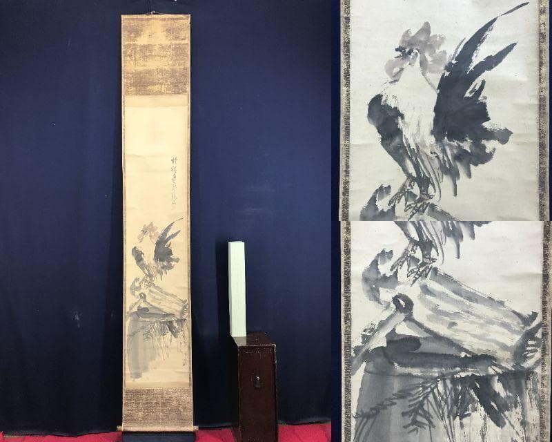 真作/富田渓仙/社殿鶏之図/花鳥図/掛軸/名家伝来/AE-156