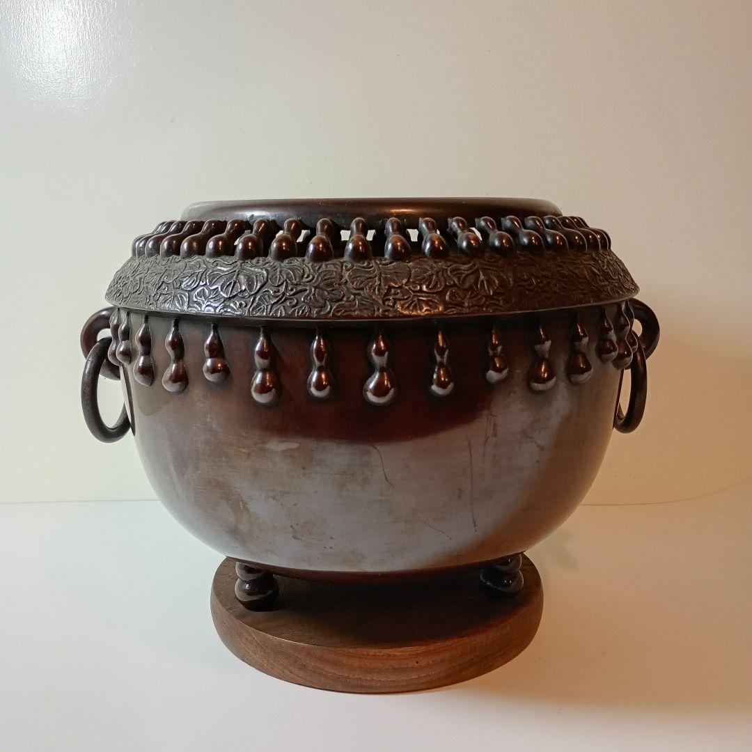 千家十職金物師　中川浄益作 紫銅瓢箪透火鉢 共箱