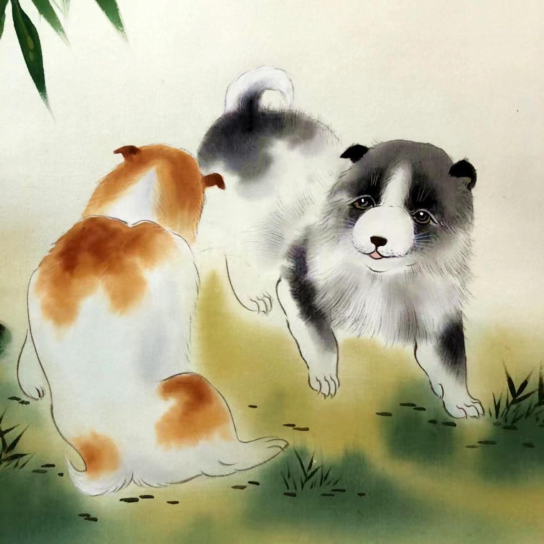 掛軸 田中香石『一笑之図 竹+子犬図』日本画 縁起物 絹本 共箱付 美品 掛け軸