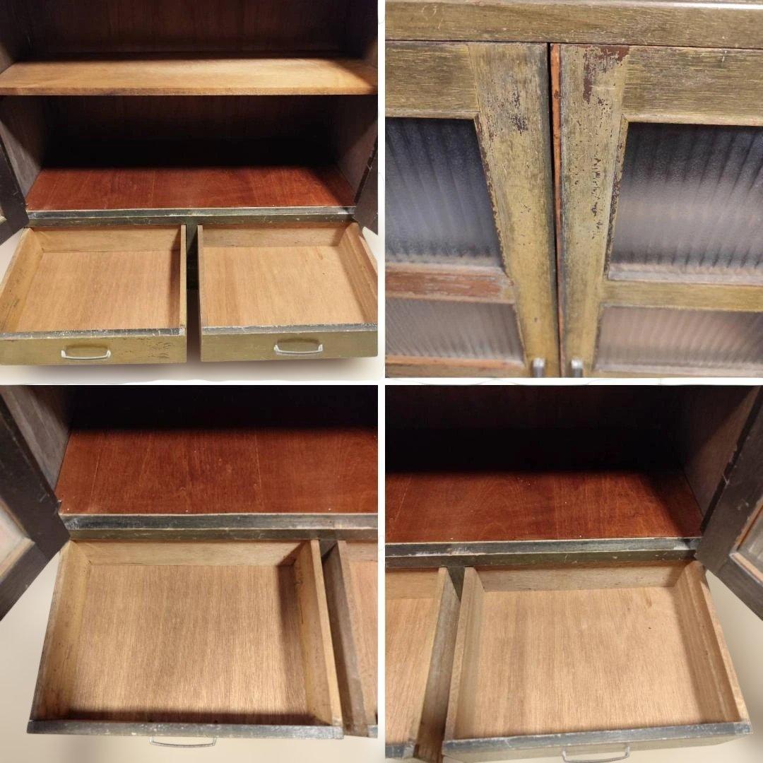 訳あり 昭和レトロ キャビネット モールガラス 収納棚 本棚 修復あり