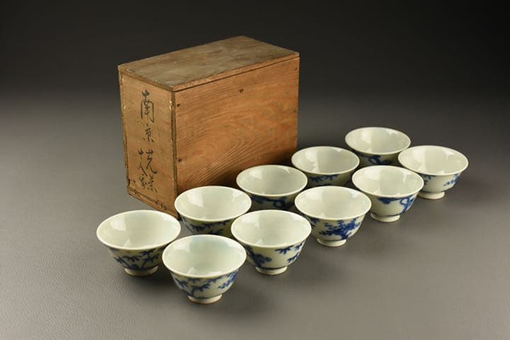 「大明成化年製」南京焼 松竹梅染付 煎茶碗 十客 在銘/箱付/煎茶道具