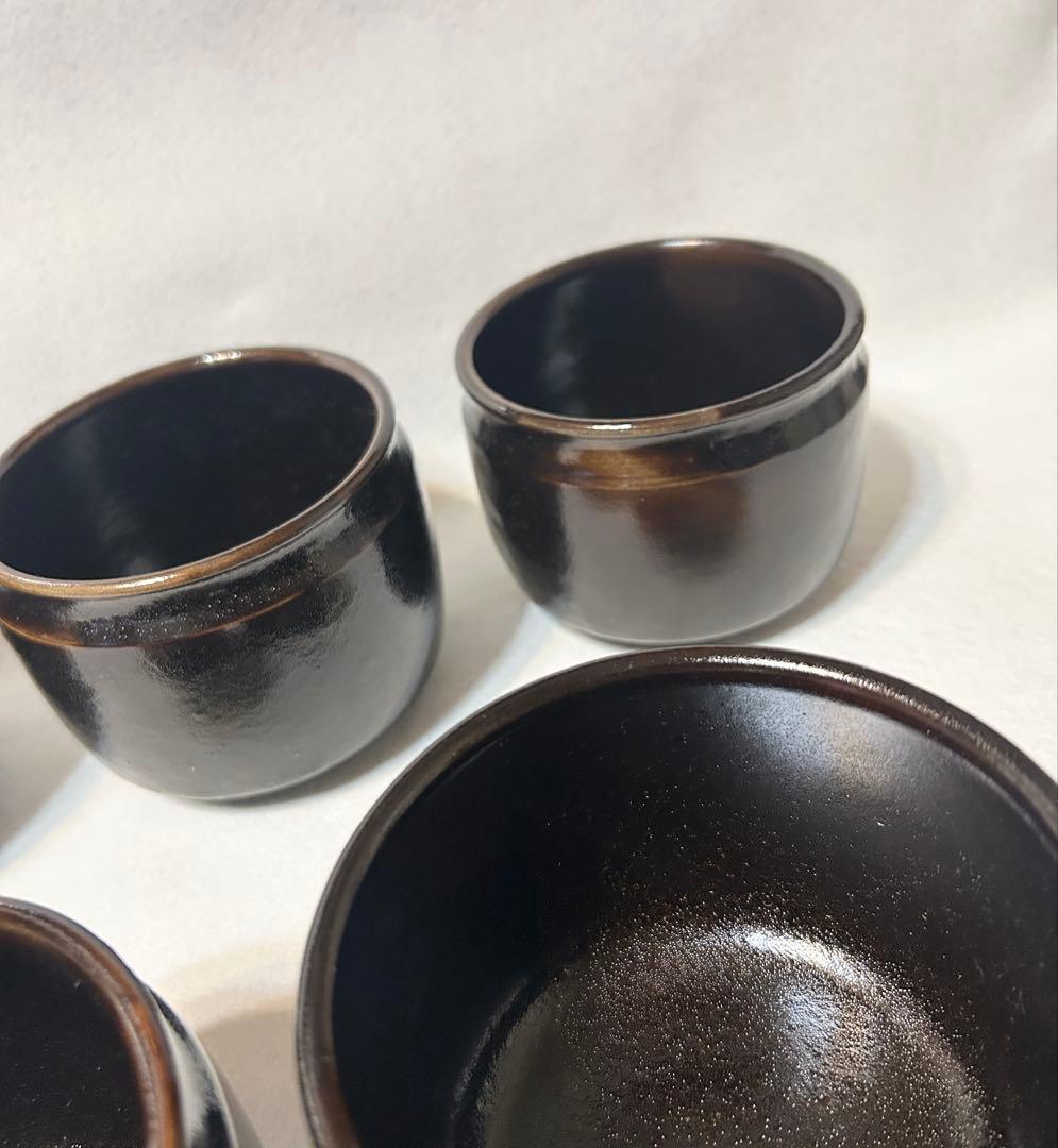 水野健一郎 黒釉 飯器 茶碗 蓋付き 五客 陶芸 木箱