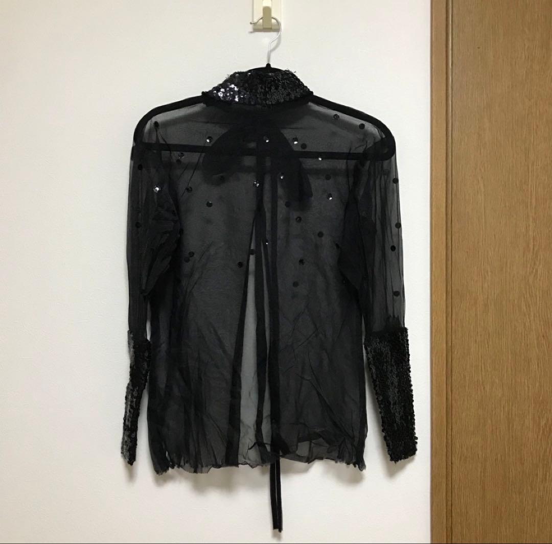手作りダンス衣装　黒のシースルーシャツ スパンコール装飾