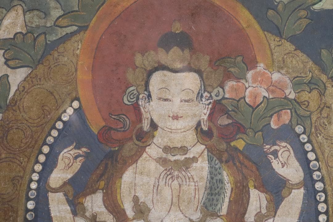 仏教美術 チベットタンカ 四臂観音像 絹本彩色 肉筆 仏画 タンカ 額装