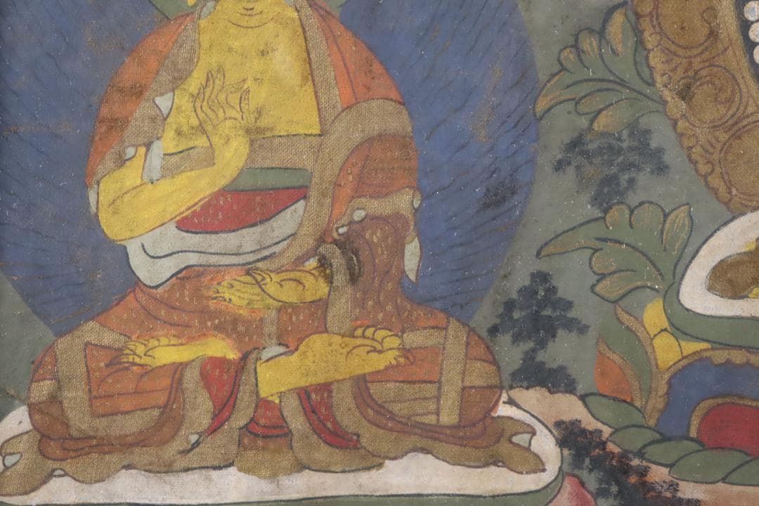 仏教美術 チベットタンカ 四臂観音像 絹本彩色 肉筆 仏画 タンカ 額装