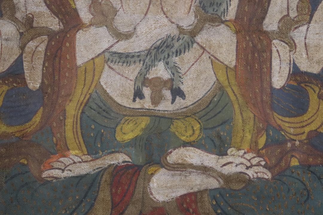 仏教美術 チベットタンカ 四臂観音像 絹本彩色 肉筆 仏画 タンカ 額装