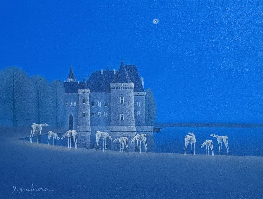 松浦敬文 「水辺の城」 美品　油彩画 F6号　馬 干支 午 縁起