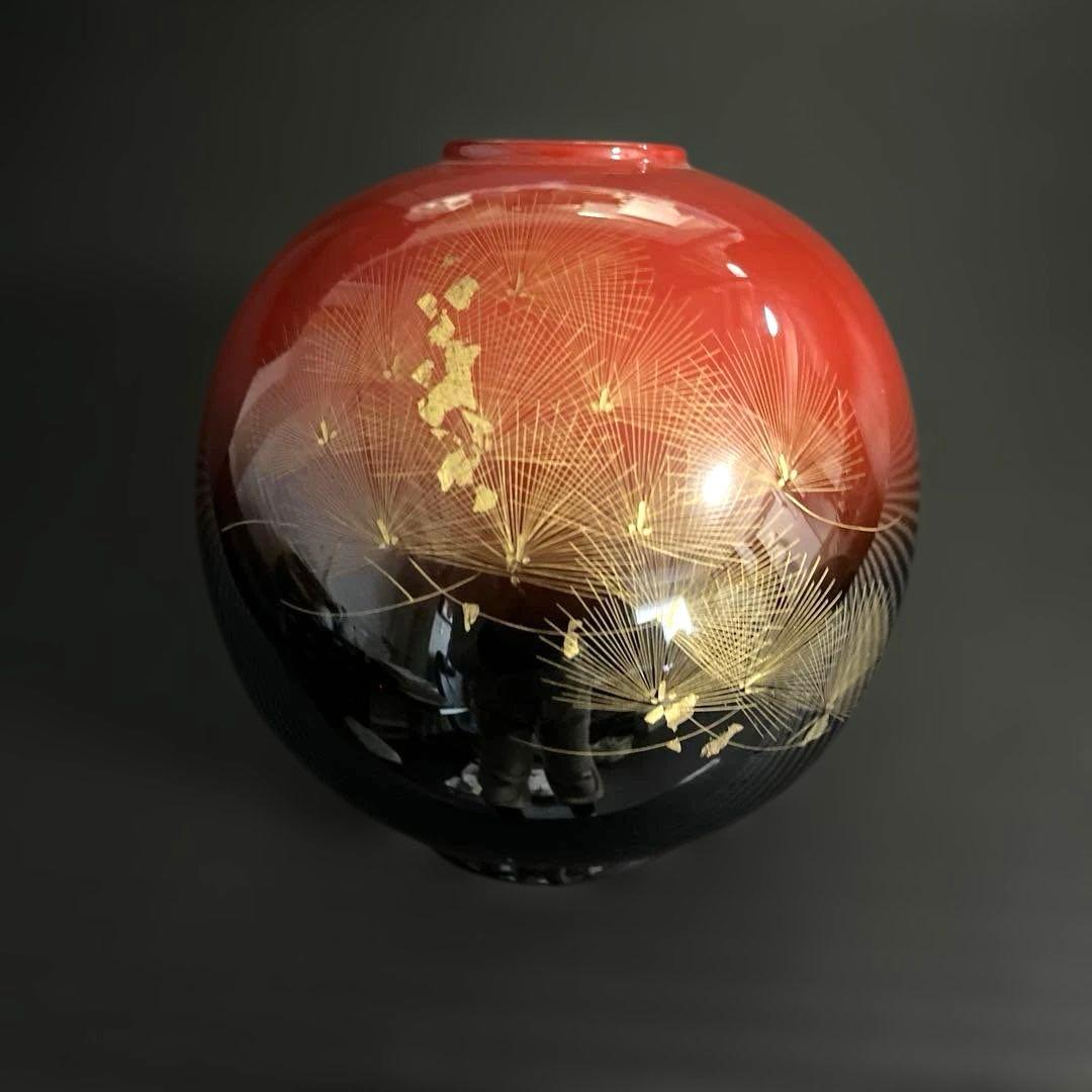 沈金　松　輪島塗　球形花器　漆器　重要無形文化財　天然漆