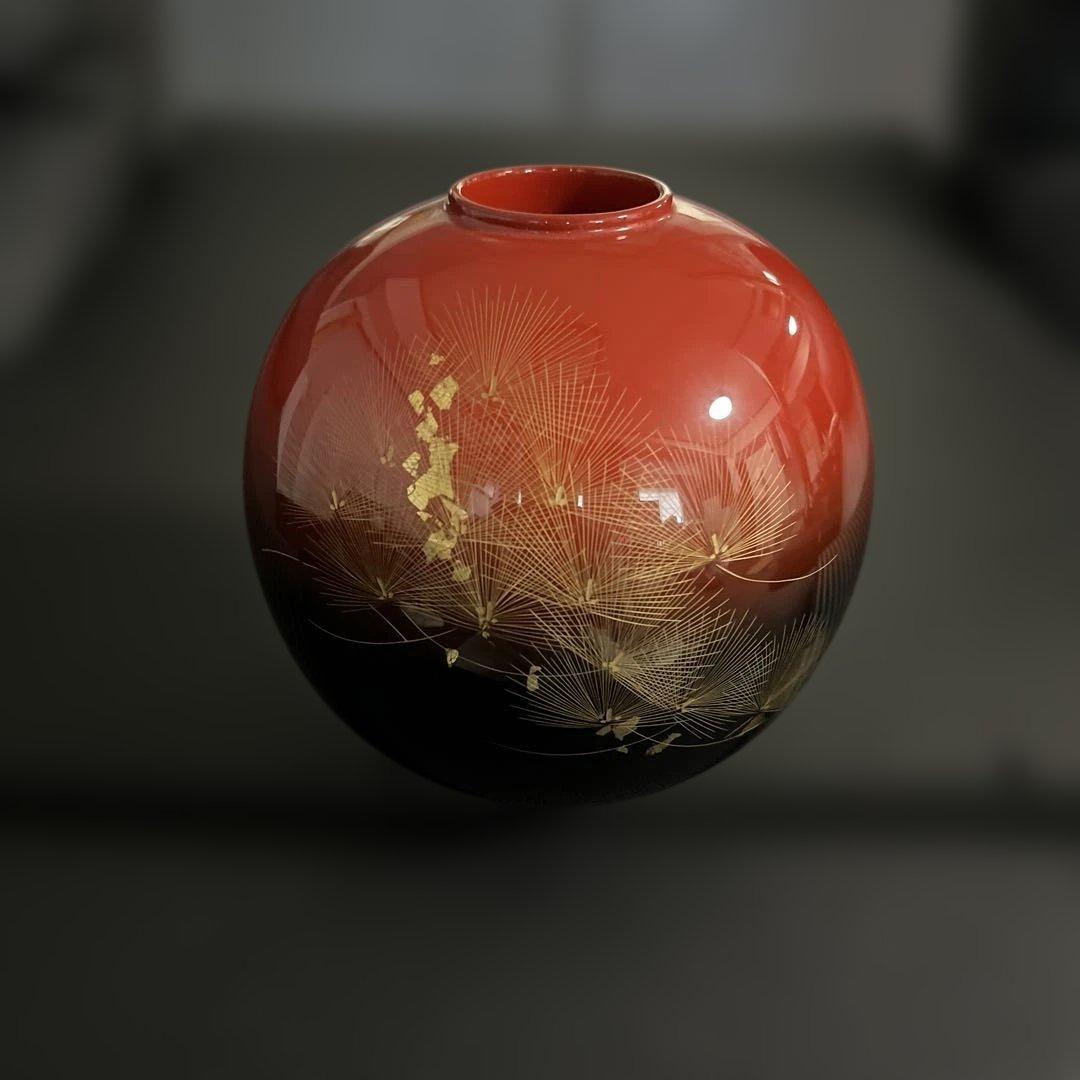 沈金　松　輪島塗　球形花器　漆器　重要無形文化財　天然漆