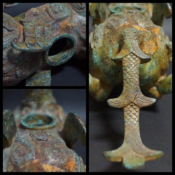 大型青銅製金工細工 戦国『鳳凰双翼獣 燭台像』迫力あるオブジェ瑞獣灯台高39ｃｍ