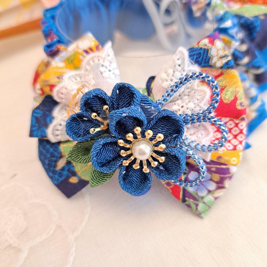 短毛シュシュ、和風妻み細工(青②)わんちゃん猫ちゃん用