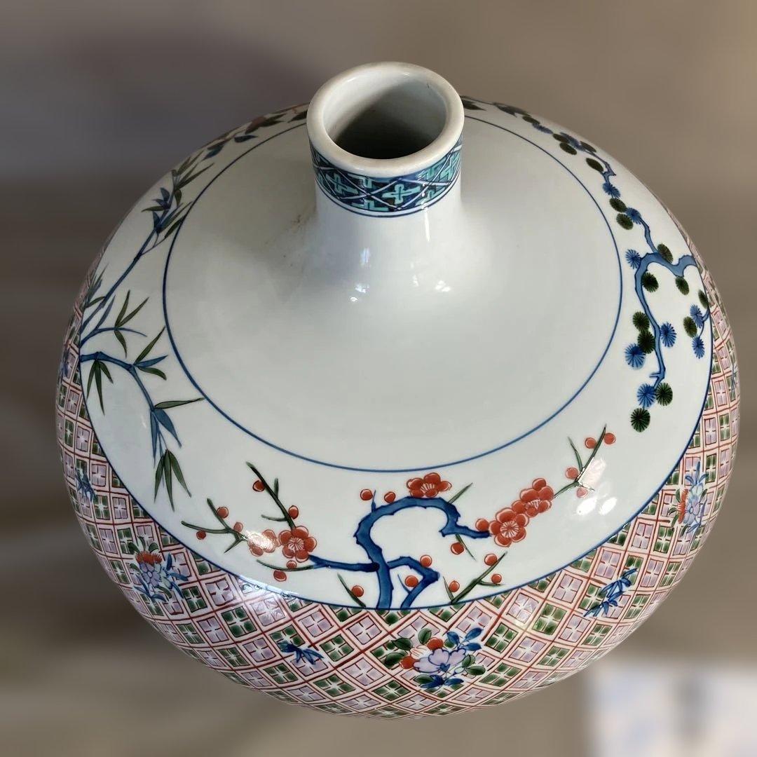 【源右衛門】古伊万里の伝統　日本名窯　舘林源右衛門作　染錦松竹梅柘榴地紋　大花瓶