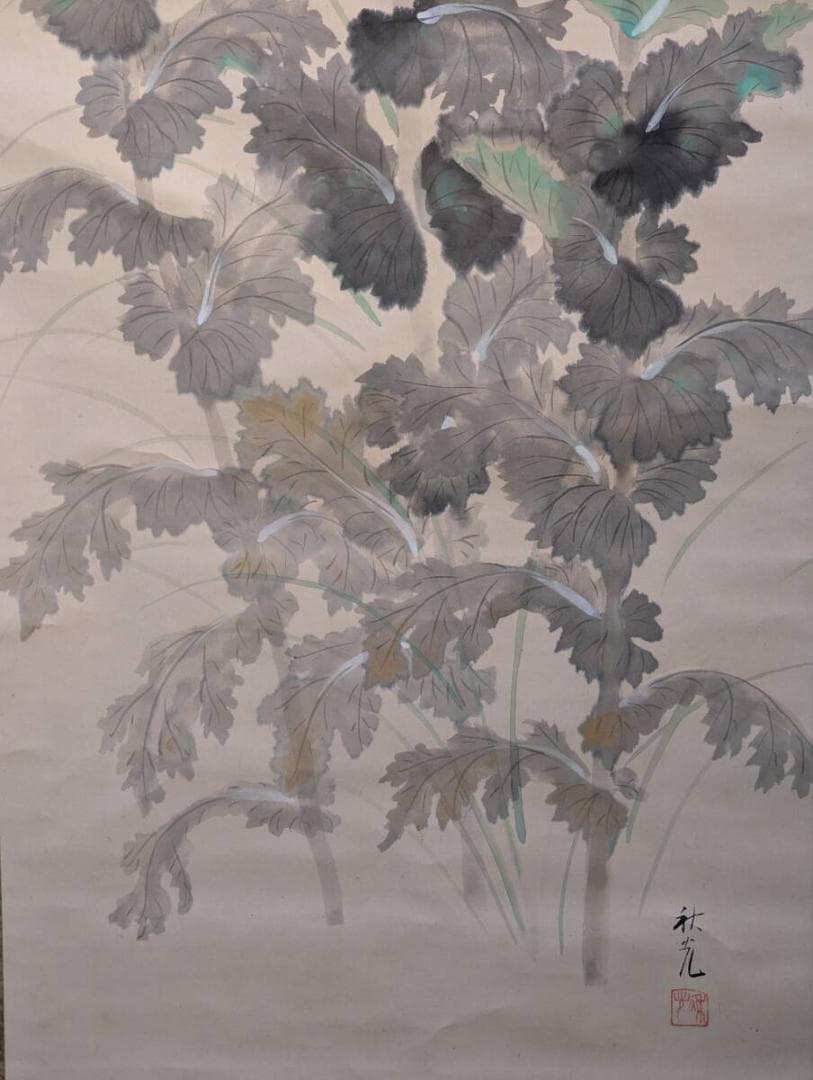 【真作】掛軸　芥子図　赤白けし彩色画　美麗静謐の一幅　合箱入　T78