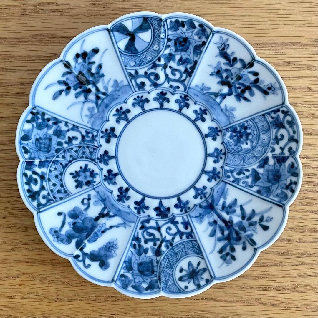 山本長左 藍九谷 菊型珈琲碗皿 樹花文 カップ＆ソーサー 染付 宮内庁御用達