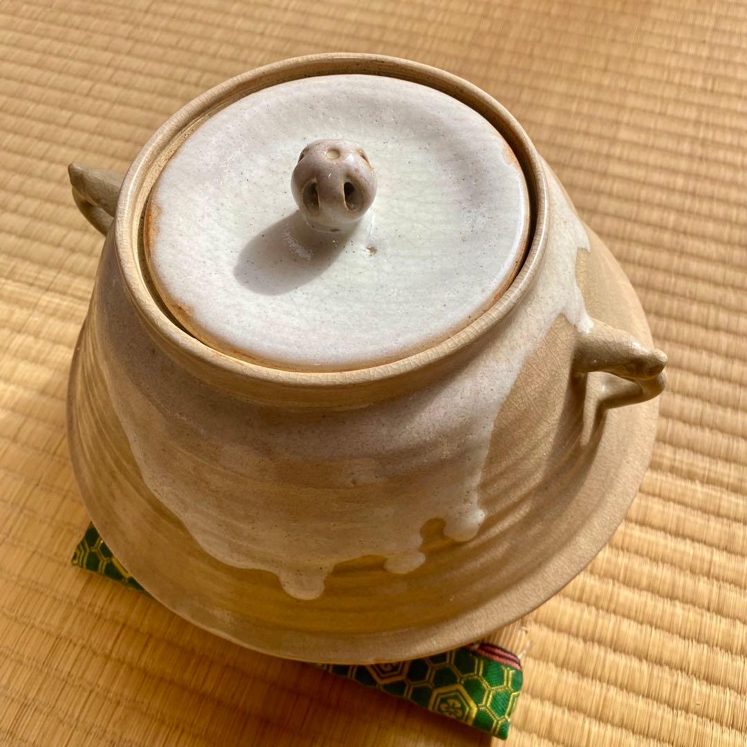 萩焼 白萩 耳付水指 茶道具 陶印あり 銘：松 貫入 梨地 水差し 骨董 共蓋付