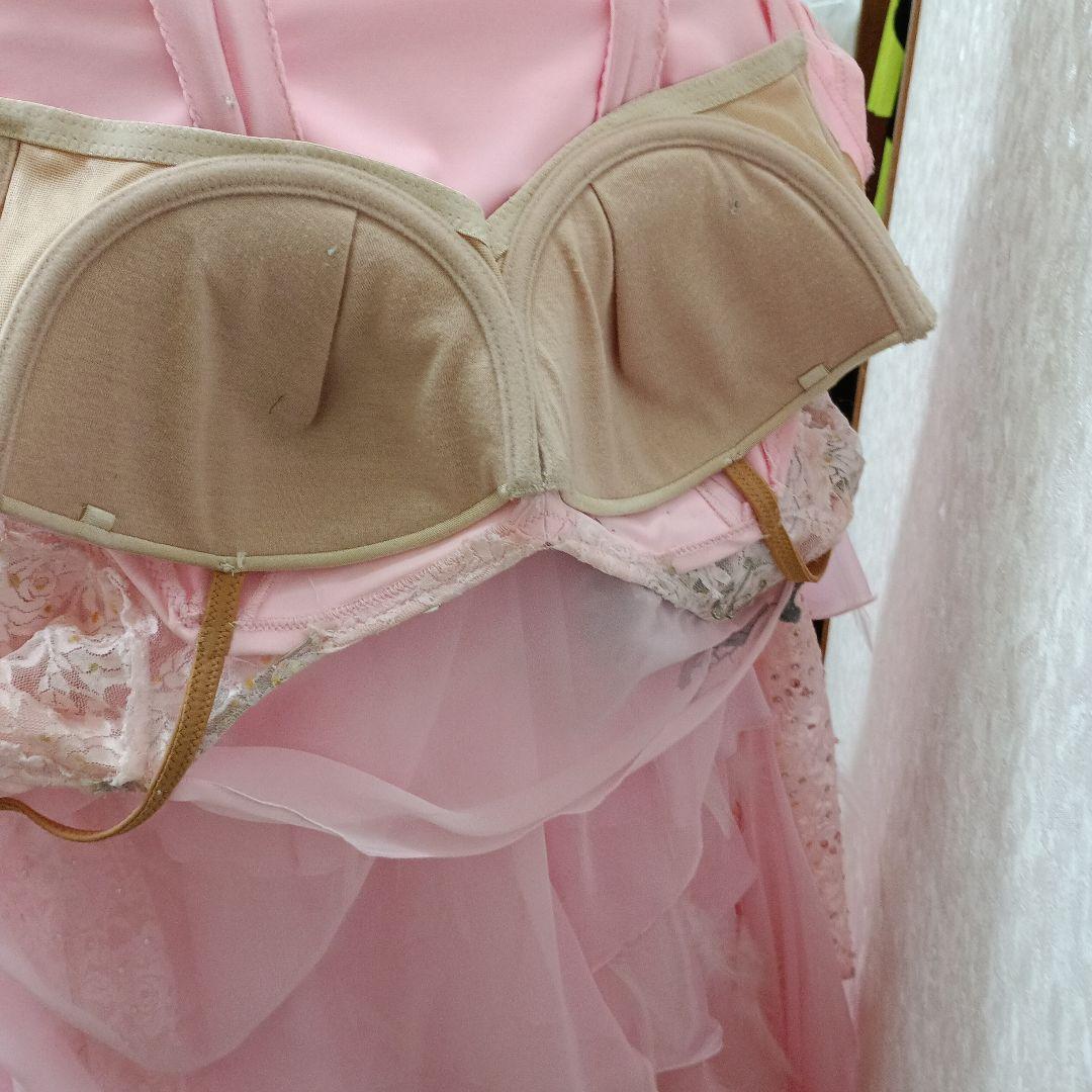 ピンク フリル付き社交ダンスドレス　L サイズ