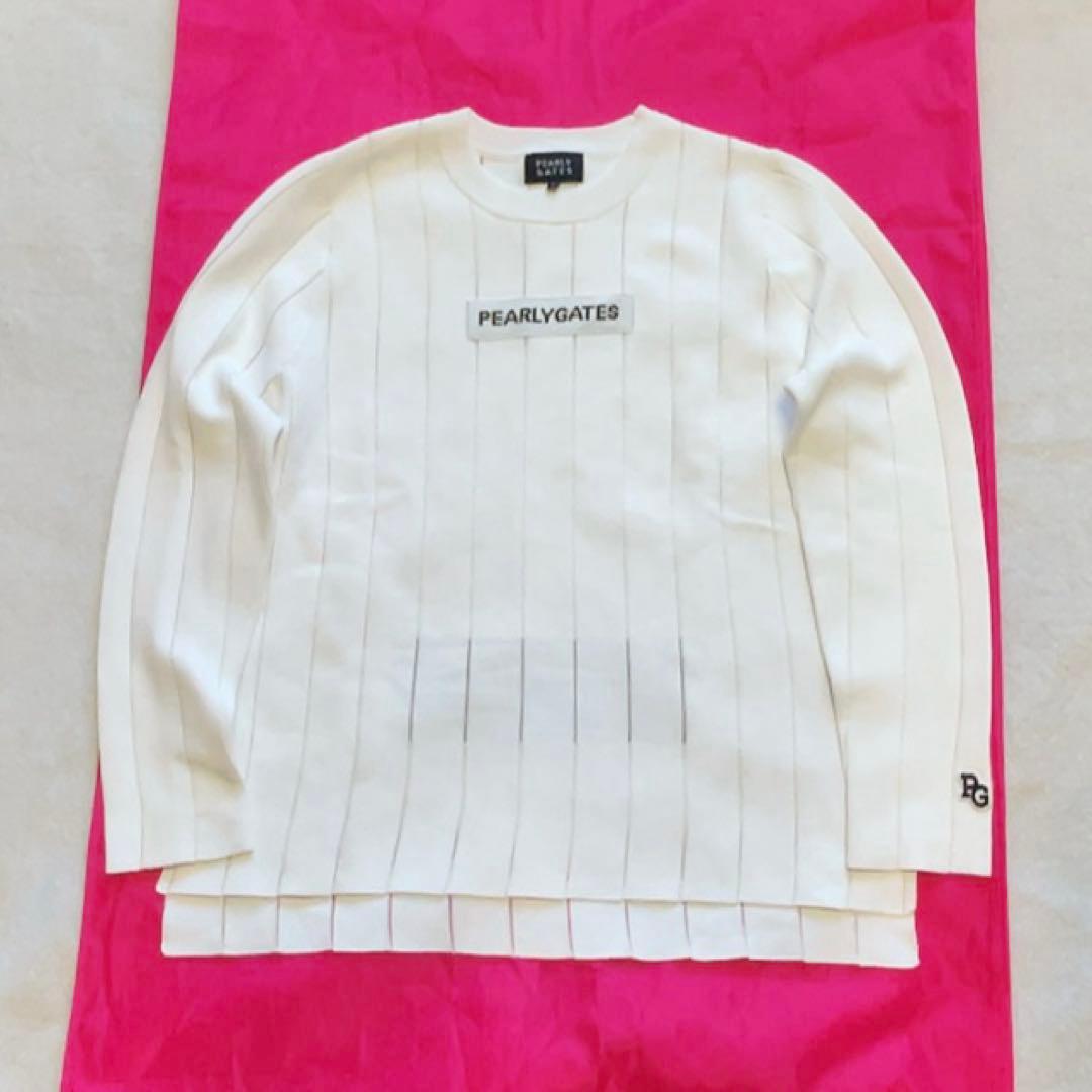 極美品　近年　パーリーゲイツ　ストライプ　ニット　セーター　白　麻