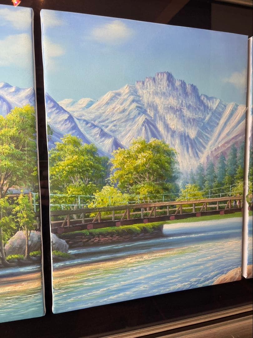 自然　油絵　湖　四季　作者名有