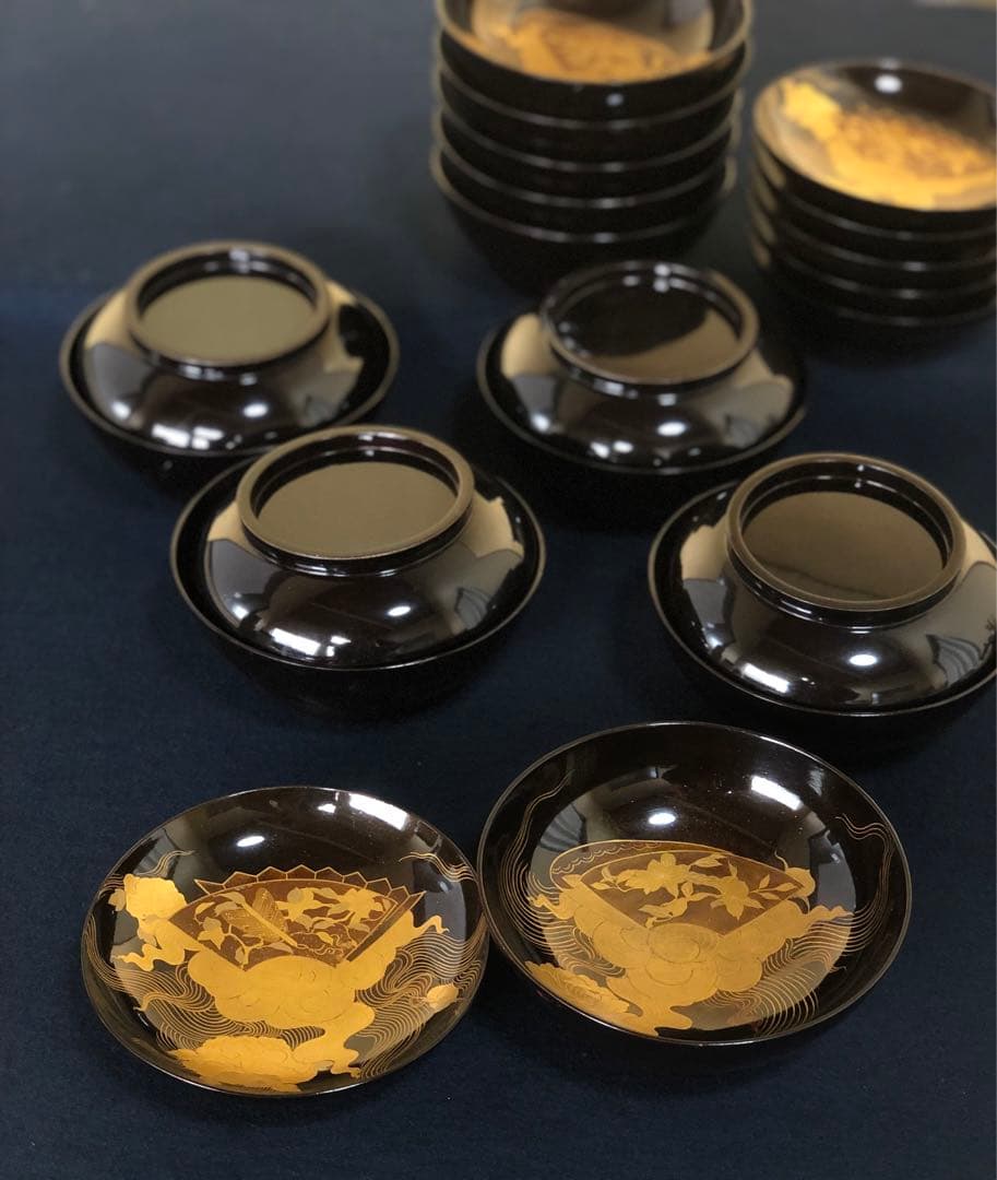 《R》懐石 黒塗内蒔絵 菓子椀10客 木製漆器 明治時代 木箱　260205く5