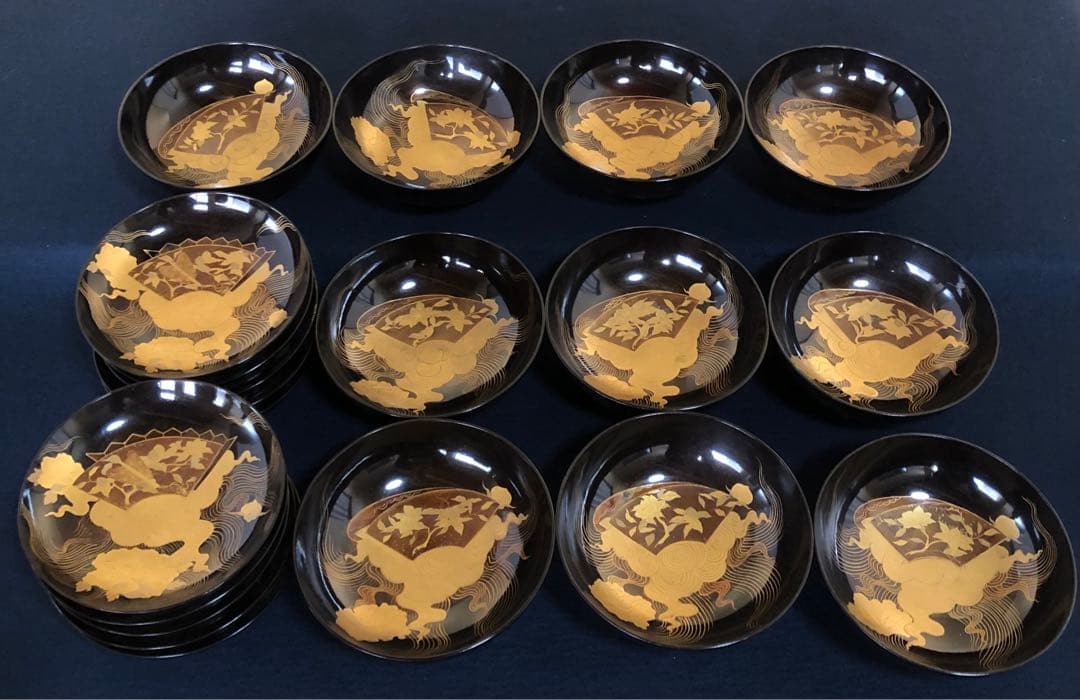 《R》懐石 黒塗内蒔絵 菓子椀10客 木製漆器 明治時代 木箱　260205く5