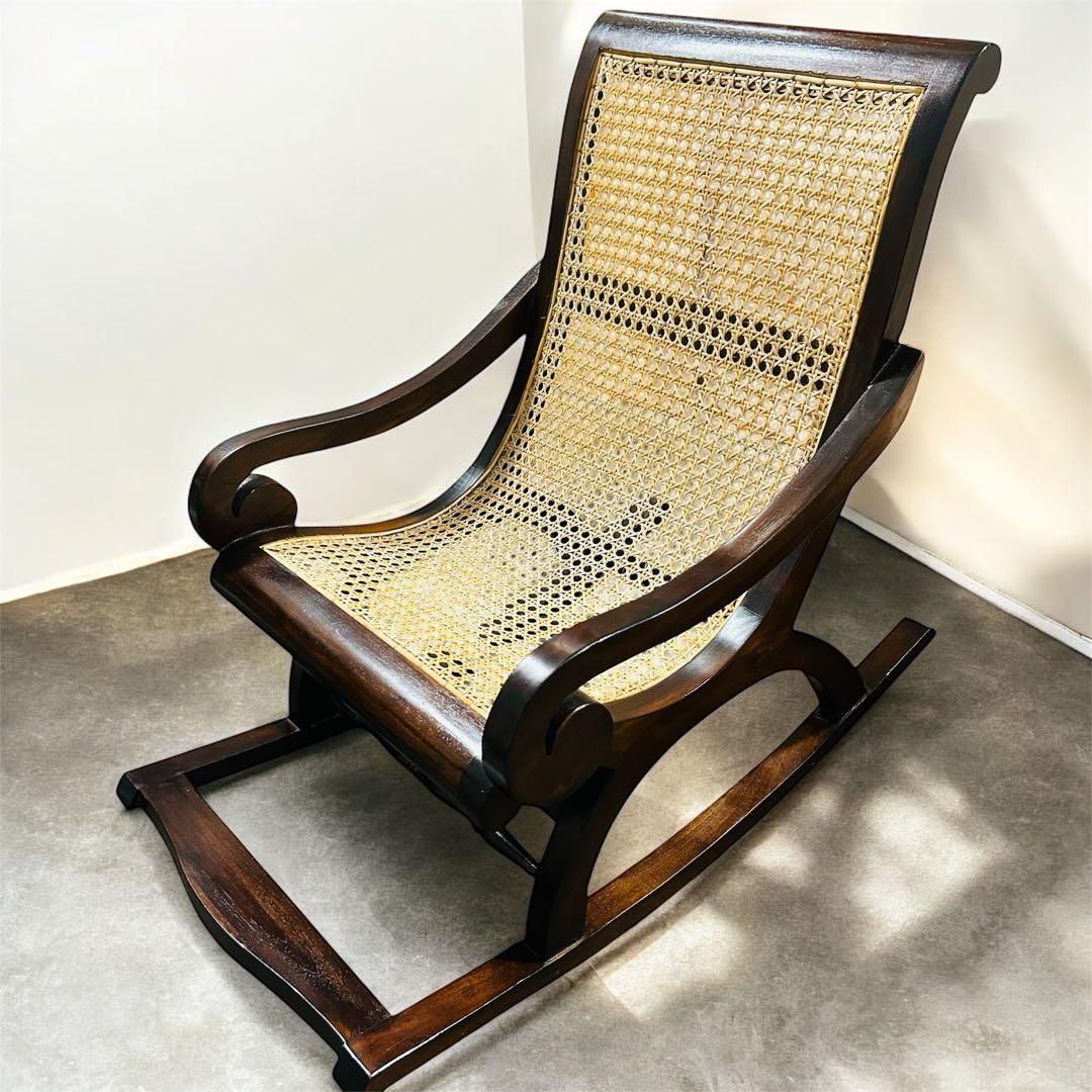 【引き取り限定】ロッキングチェア 木製 チーク×ラタン （藤）ゆったり座れます