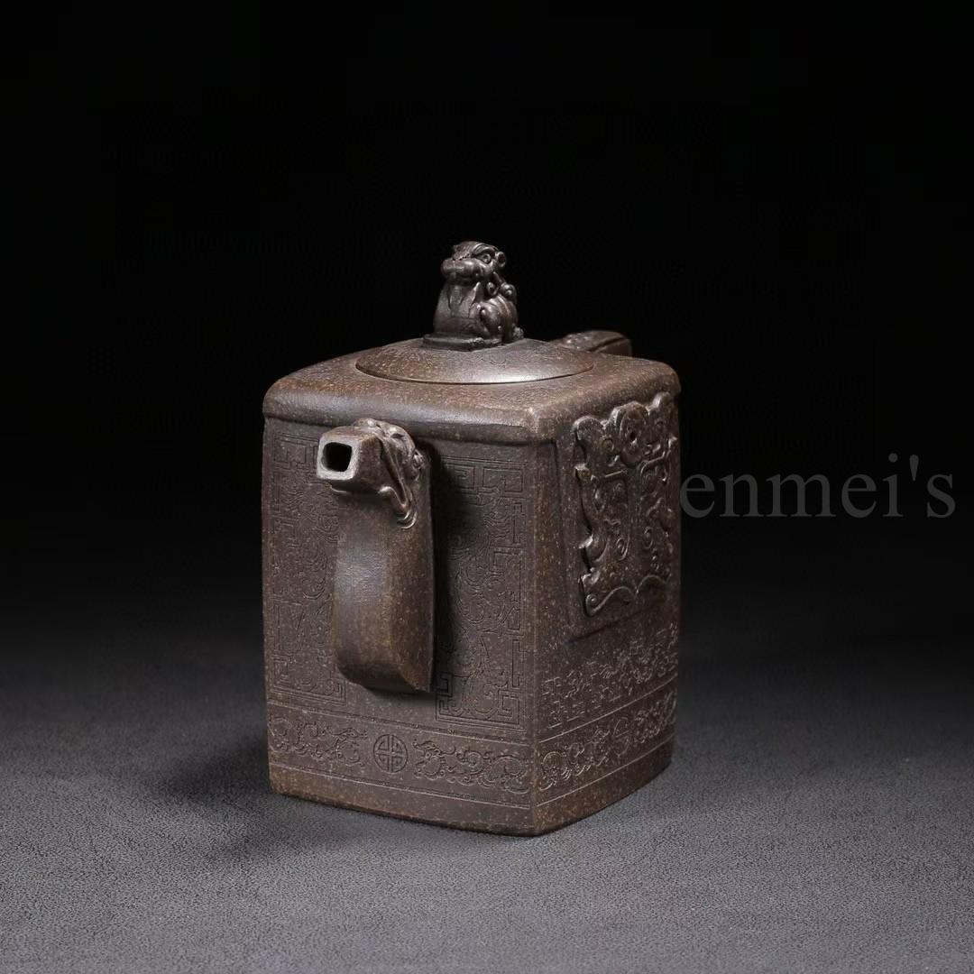 中国古美術・原鉱古銅泥四方獅頂紫砂壺・底款：顧景舟・紫砂壺・急須・茶道具・置物