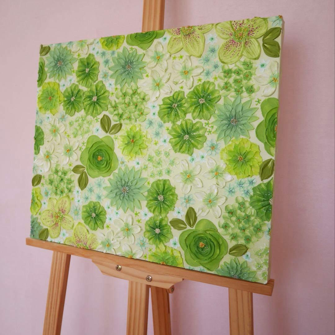 緑系 立体 花柄　アクリルアート テクスチャーアート ボタニカル 緑の花柄