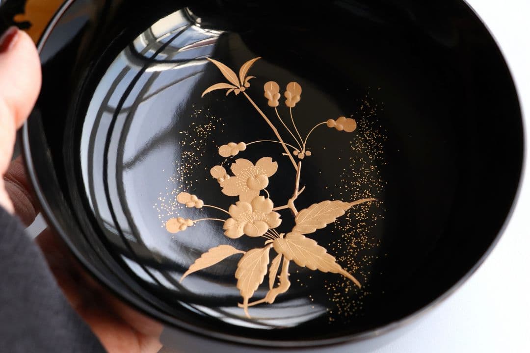 CL72 加賀蒔絵 貝合わせ蒔絵 黒塗椀 二客 蛤 桜 本金 梨地 木製漆器