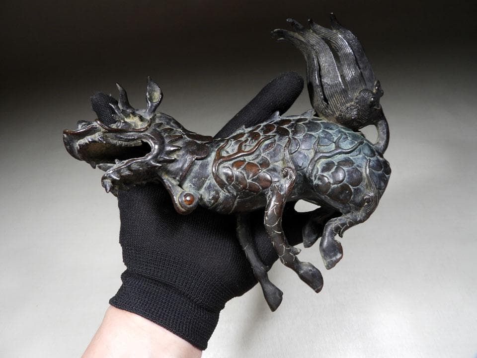 ●貴重 時代物 麒麟銅香炉 神獣 瑞獣 古銅 斑紫銅色 唐金 高さ16.5cm